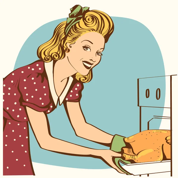 Retrato Joven Ama Casa Vestido Rojo Retro Cocinar Pollo Asado — Vector de stock