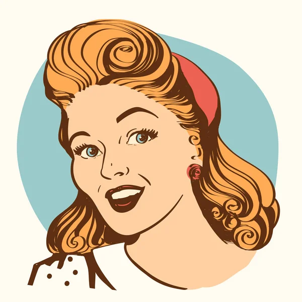 Портрет Усміхненої Жінки Ретро Зачіскою Векторні Кольорові Ілюстрації Ізольовані Білому — стоковий вектор