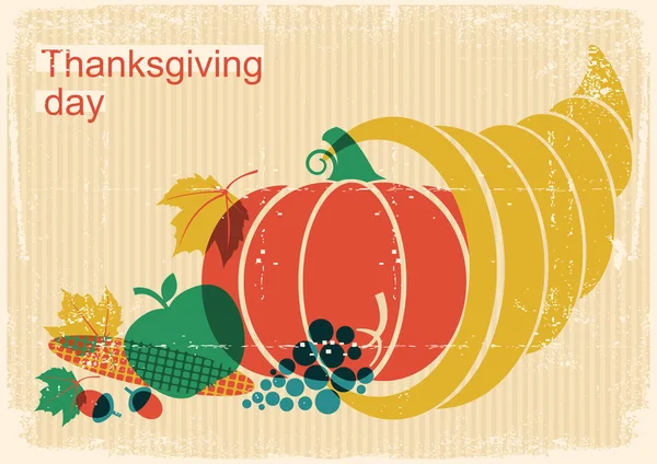 Happy Thanksgiving Day Vintage Poster Cornucopia Autumn Harvest Vector Season — Stock Vector