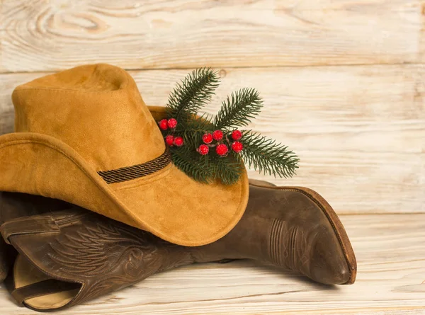 Botas Tradicionales Cowboy Christmas American West Sombrero Textura Fondo Madera — Foto de Stock