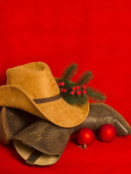 Cowboy Christmas American West Traditional Boots Cowboy Hat Christmas Red — Stock Photo, Image