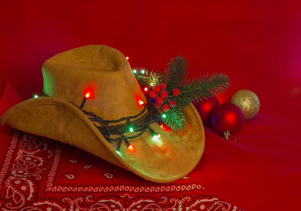 Cowboy Christmas American West Hat Bandanna Christmas Red Background Text — Stock Photo, Image