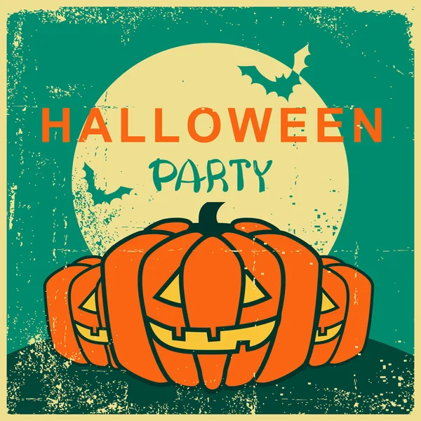 Halloween Party Vintage Kaart Met Pompoenen Nacht Maan Achtergrond Oud — Stockvector