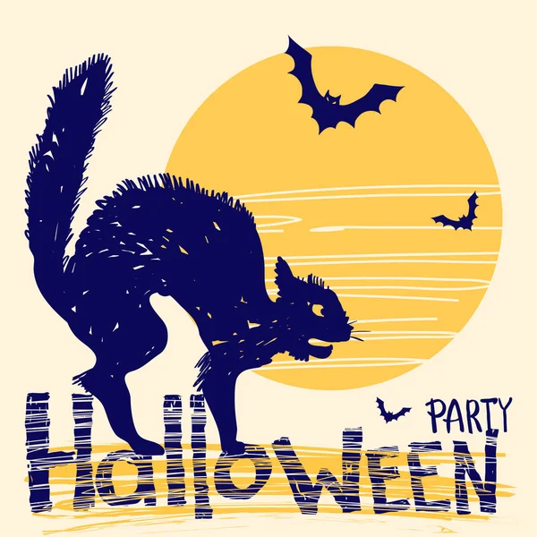 Biglietto Halloween Con Gatto Nero Grande Luna Notte Illustrazione Disegnata — Vettoriale Stock
