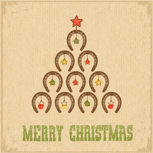 Carte Vœux Noël Occidentale Avec Horseshoe Cowboy Arbre Noël Sur — Image vectorielle