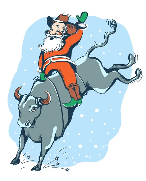 Cowboy Santa Rider Bull Rodeo Christmas Hand Drawn Color Illustration — Stock Vector