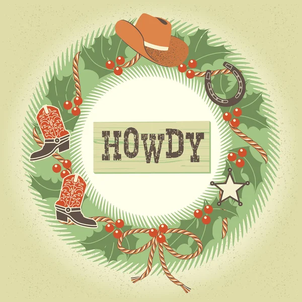 Couronne Noël Occidentale Avec Décoration Cow Boy Illustration Vectorielle — Image vectorielle
