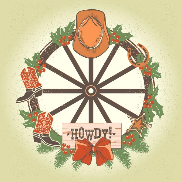 Corona Navidad Occidental Con Ruedas Madera Vieja Decoraciones Vaqueros Ilustración — Vector de stock