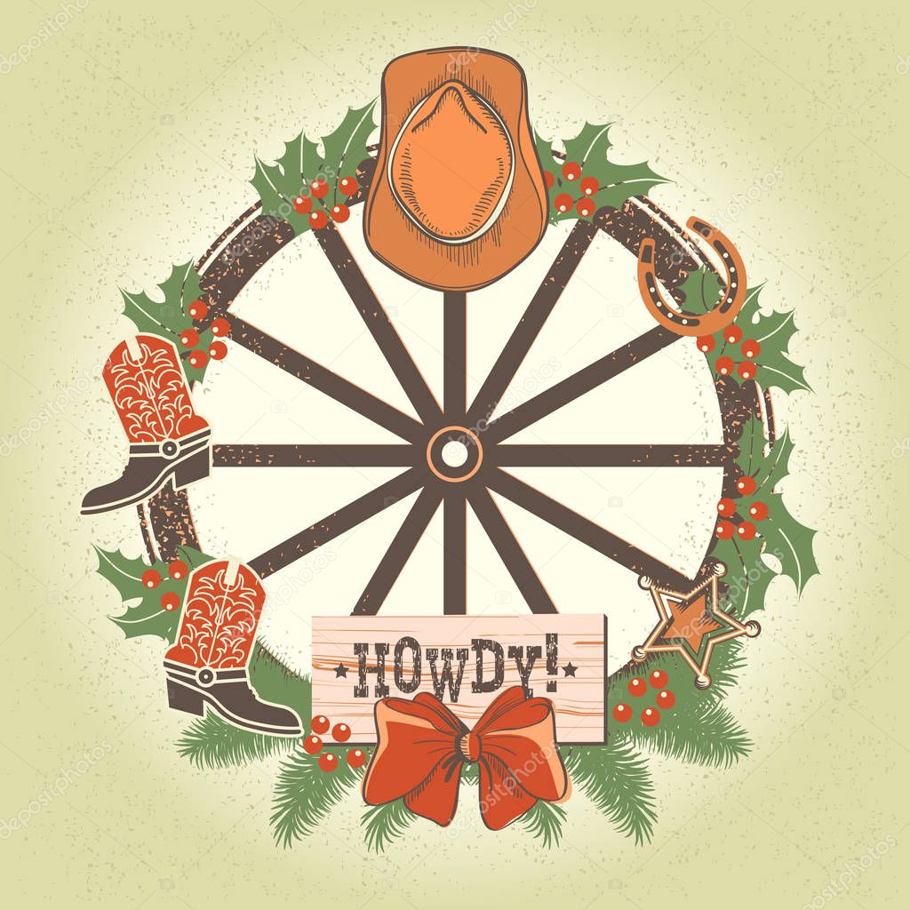 Western christmas wreath with old wood wheel and cowboy decorations. Vector illustration