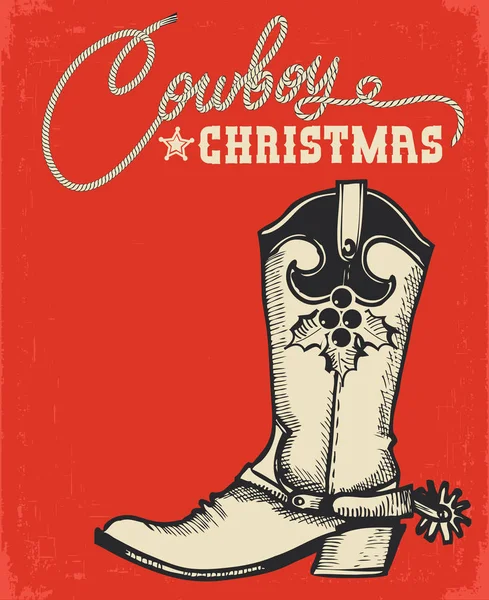 Nyugati Piros Karácsonyi Kártya Cowboy Boot Szöveg Vektoros Illusztráció — Stock Vector