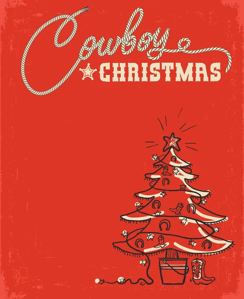 Kovboy Noel Ağacı Dekorasyon Ile Batı Kırmızı Noel Kartı Vektör — Stok Vektör