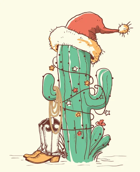 Navidad Cactus Sombrero Rojo Santa Zapatos Del Vaquero Ilustración Dibujada — Vector de stock
