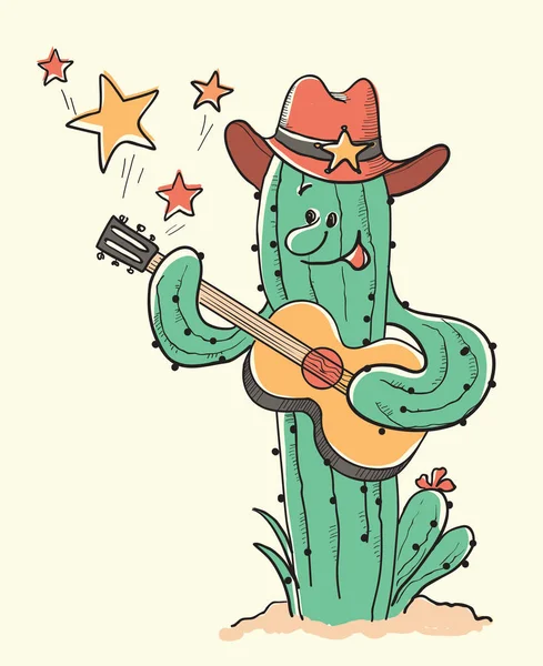 Cactus Christmas Cowboy Hat Playing Guitar Vector Hand Drawn Illustration — Stock Vector