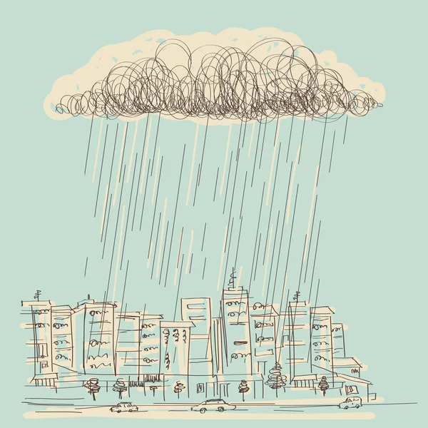 Paesaggio Urbano Con Pioggia Vettore Disegnato Mano Nube Scura Sfondo — Vettoriale Stock