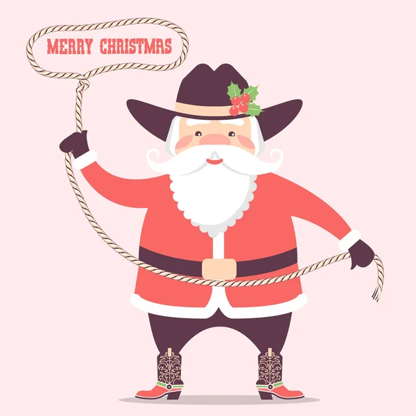 Papai Noel Com Cowboy Chapéu Ocidental Laço Vector Ilustração Cartão — Vetor de Stock
