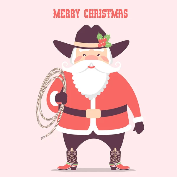 Kerstman Met Westerse Cowboy Hoed Lasso Kerstkaart Vectorillustratie Met Merry — Stockvector