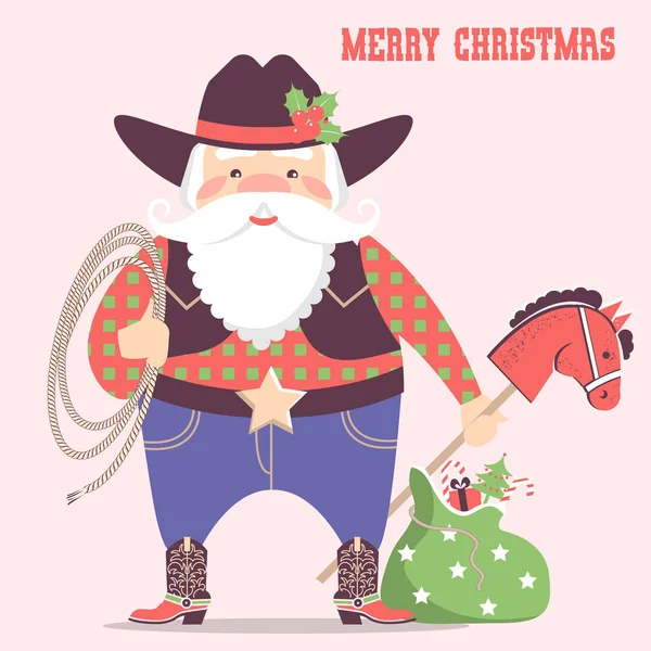 Cowboy Kerstman Met Westerse Hoed Vakantie Geschenken Vectorillustratie Kerstkaart Met — Stockvector