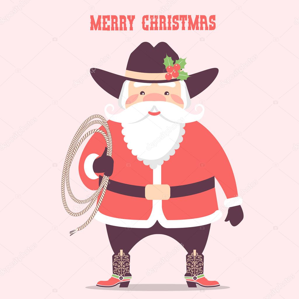 Santa claus with cowboy western hat and lasso .Vector christmas card illustration with merry christmas text