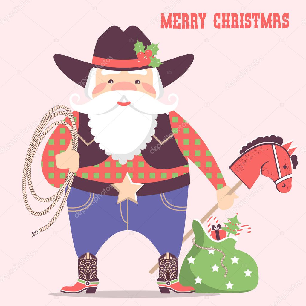 Cowboy Santa claus with western hat and holiday gifts .Vector christmas card illustration with text