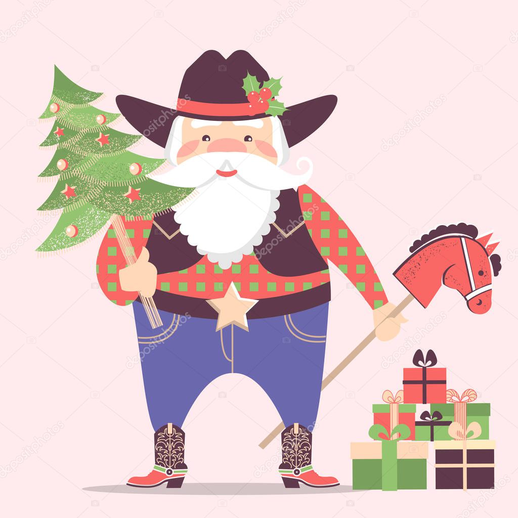 Cowboy Santa claus in western hat and holiday gifts .Vector christmas illustration with text