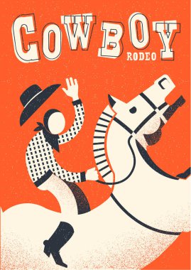 Kovboy sürme vahşi at. Vektör Amerikan Rodeo arka plan afiş metin ile
