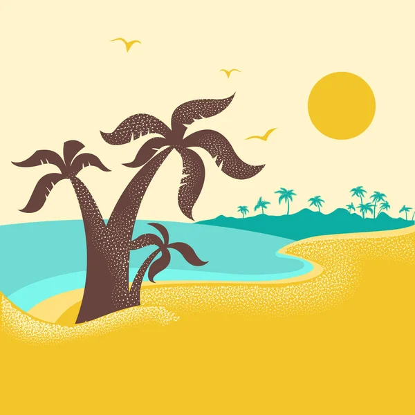 Tropický Ostrov Palmami Vektor Plakát Příroda Krajina Pozadím Vlny Modrý — Stockový vektor