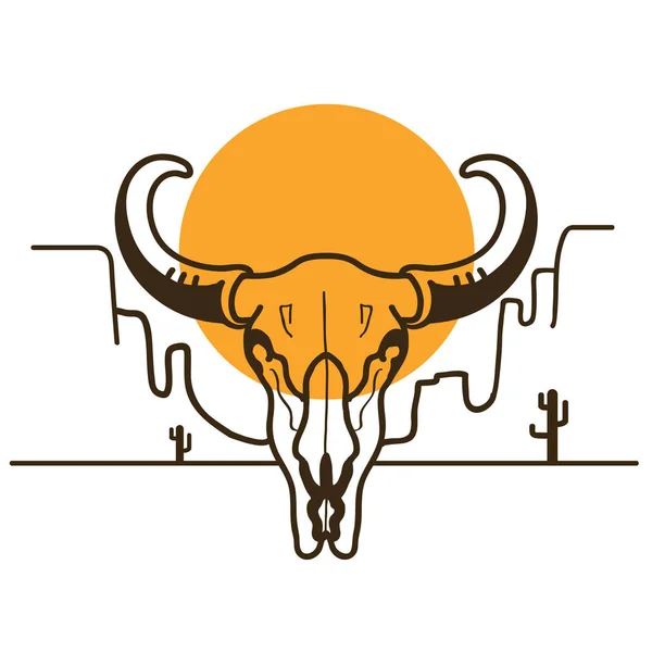 狂放的西部例证与公牛头骨在美国沙漠和太阳在白色背景 — 图库矢量图片