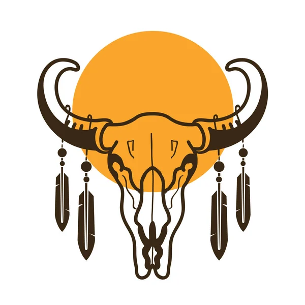 Cráneo Toro Con Plumas Salvaje Oeste Ilustración Sobre Fondo Blanco — Vector de stock