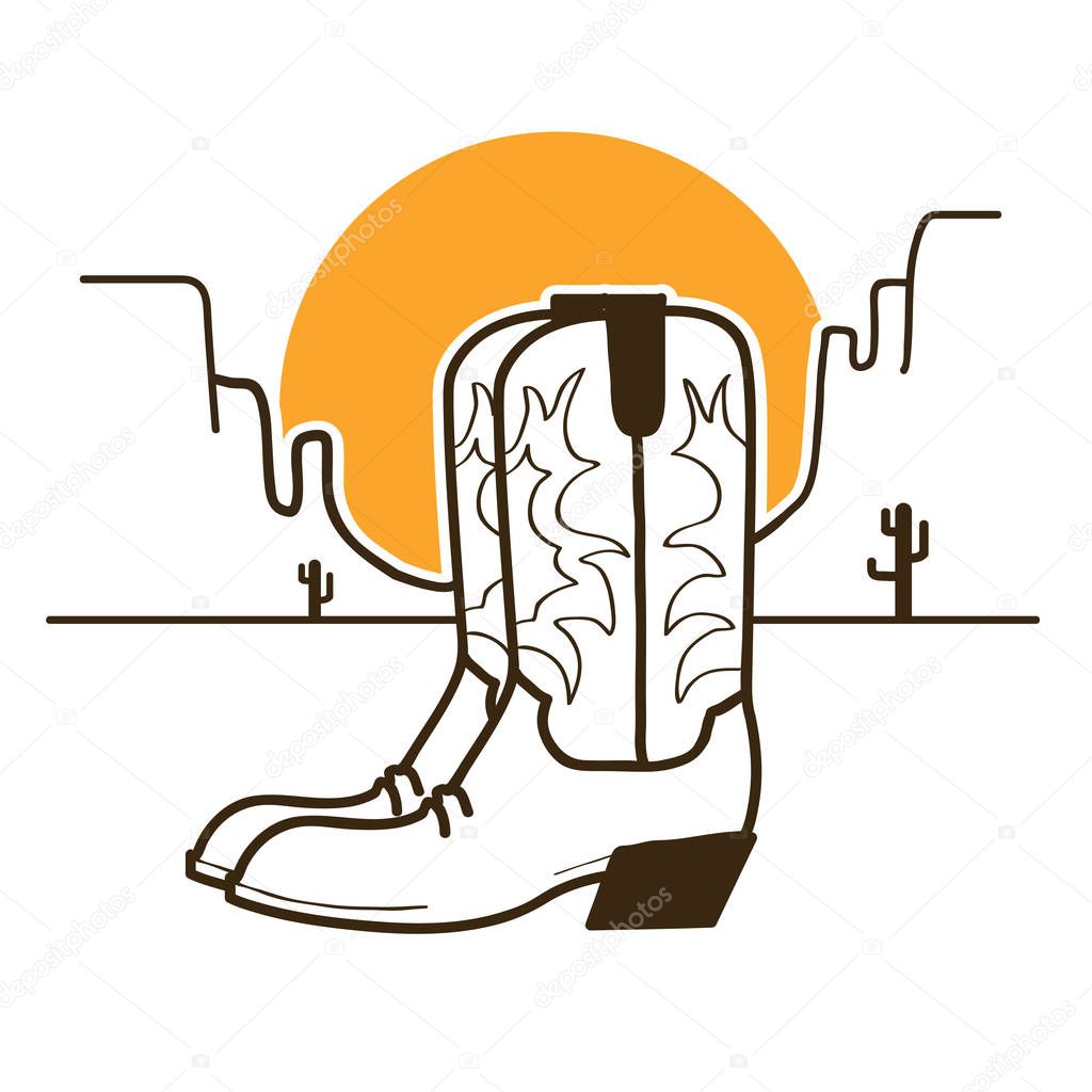 Wild West illustration with cowboy boots on American desert and sun on white background