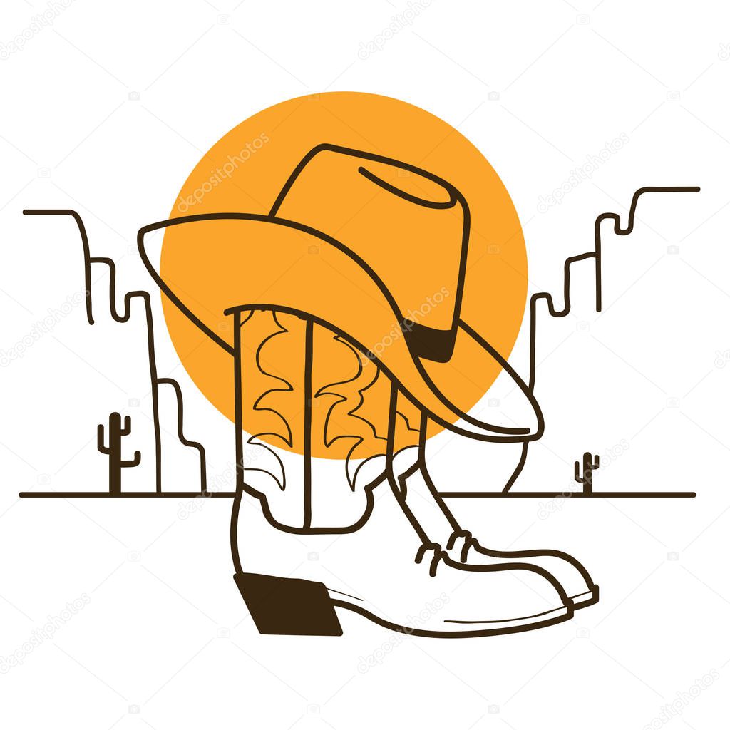Wild West illustration with cowboy boots and western hat on American desert and sun on white background
