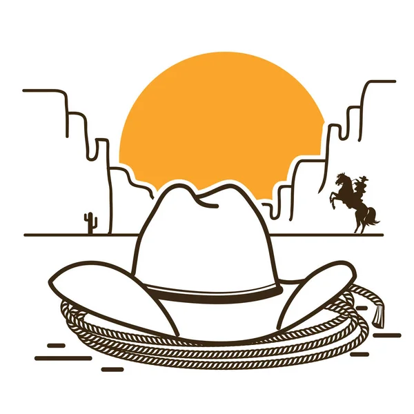 Dziki Zachód Ilustracja Kapelusz Kowbojski Western Lasso Amerykańskiej Pustyni Słońce — Wektor stockowy