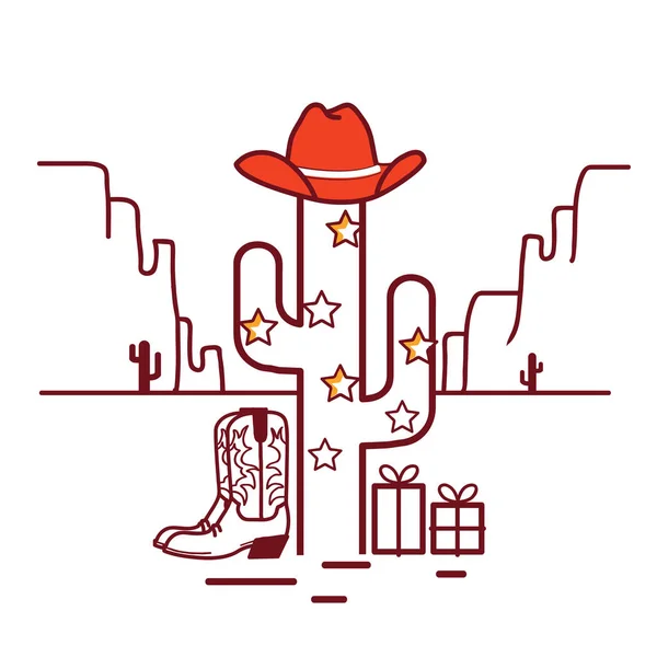 Veselé Vánoční Kaktus Ilustrace Věnec Západní Kovbojské Oblečení Bílém Pozadí — Stockový vektor