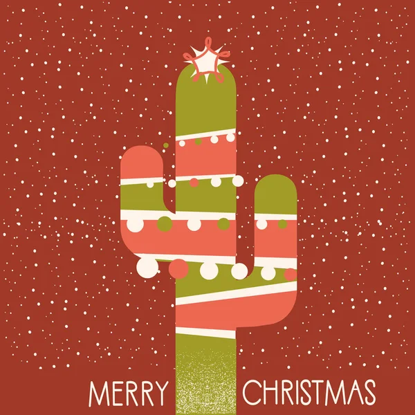 Boldog Karácsonyi Kaktusz Illusztráció Girland Piros Háttéren Szöveg — Stock Vector