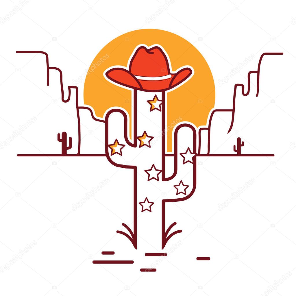 Merry Christmas cactus illustration with garland and western cowboy hat on white background