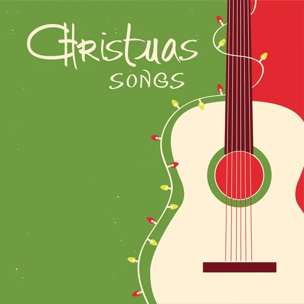 Christmas Songs Guitar Red Green Background Vector Greeting Card Acoustic — Stock Vector