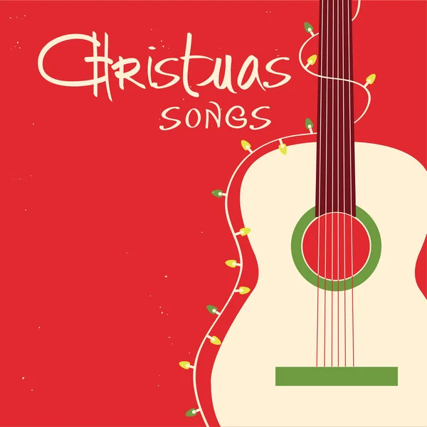 Christmas Songs Guitar Red Background Vector Greeting Card Acoustic Guitar — Stock Vector