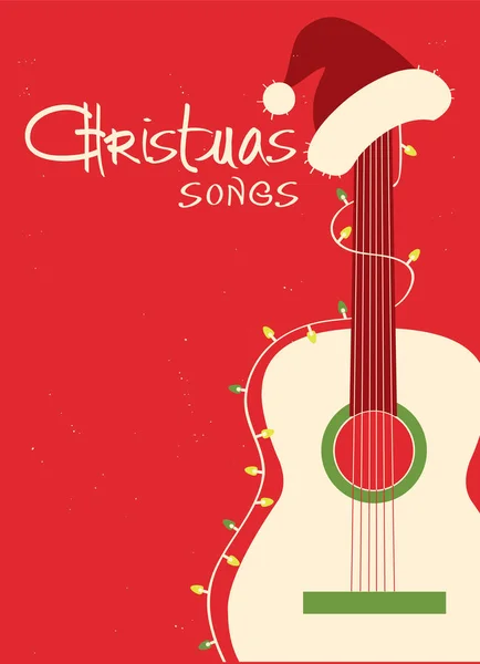 Noel Şarkıları Gitar Noel Baba Şapkası Kırmızı Zemin Üzerine Metin — Stok Vektör