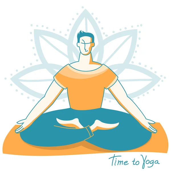 Tiempo Yoga Joven Posición Loto Practicando Meditación Yoga Una Esterilla — Vector de stock
