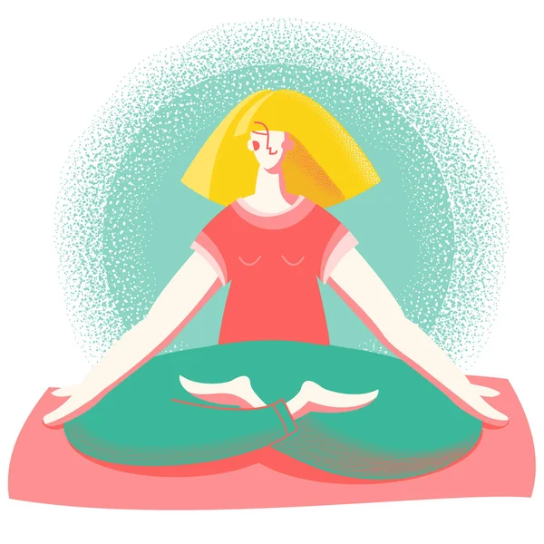 Tiempo Yoga Mujer Joven Posición Loto Practicando Meditación Yoga Una — Vector de stock