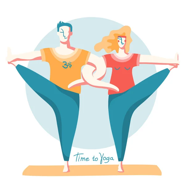 Tiempo Yoga Mujer Hombre Haciendo Yoga Juntos Estilo Vida Saludable — Vector de stock