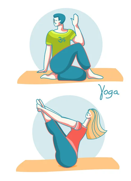 Tempo Yoga Donna Uomo Che Praticano Yoga Diverse Pose Illustrazione — Vettoriale Stock