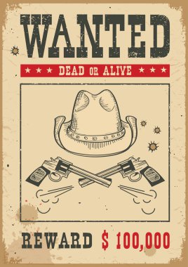 Wanted poster for portrait .Western vintage paper with cowboy hat and guns  clipart