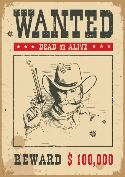 Queria Fundo Cartaz Vector Ilustração Ocidental Com Bandido Homem Arma — Vetor de Stock