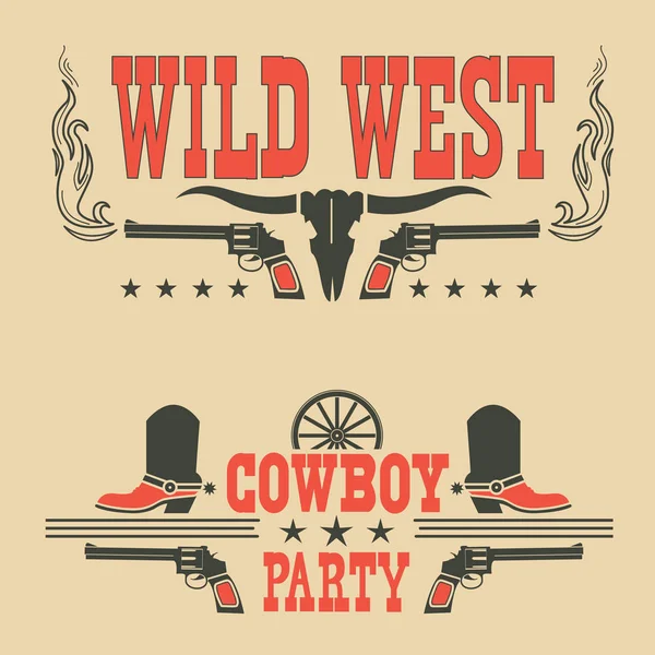 Set Etichette Cowboy Simboli Occidentali Decorazione Vettoriale Festa Cowboy — Vettoriale Stock