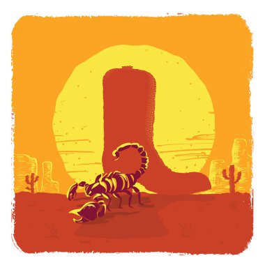 Vector illustration of American Texas desert with sun. Wild West cowboy boot and scorpion vector