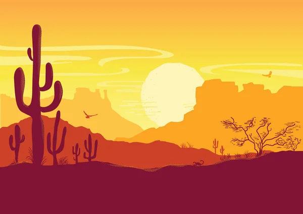 Американський Природи Пустелі Фону Вектор Техас Prairie Краєвид Сонцем Кактуси — стоковий вектор