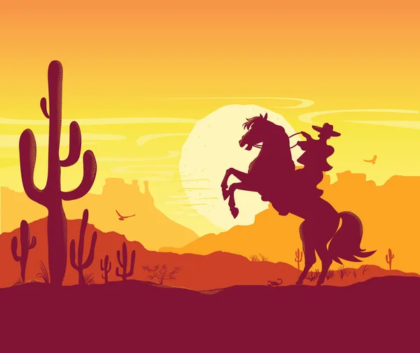 American Desert Nature Background Vector Texas Prairie Landscape Cowboy Horse — Stock Vector