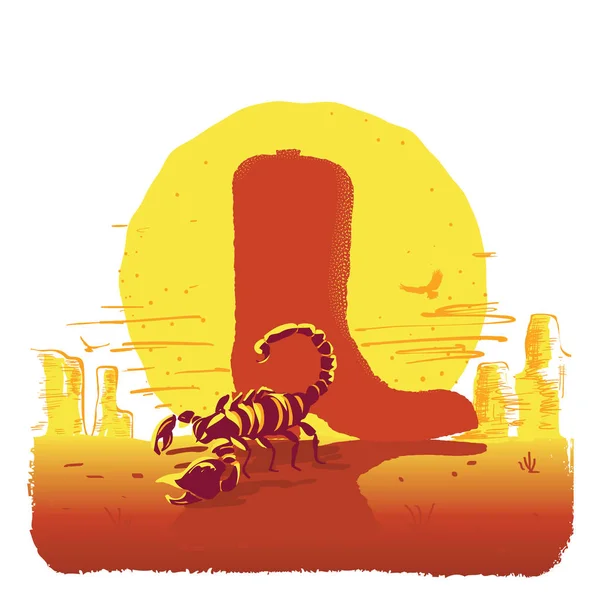 Векторная Иллюстрация Американской Техасской Пустыни Солнцем Ковбойские Сапоги Скорпионы Дикого — стоковый вектор