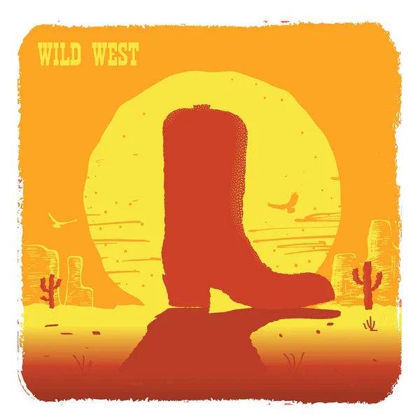 Ilustração Vetorial Deserto Americano Texas Com Sol Amarelo Bota Cowboy — Vetor de Stock
