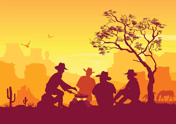 Vaqueros alrededor de una fogata. Paisaje desierto de América Occidental — Vector de stock